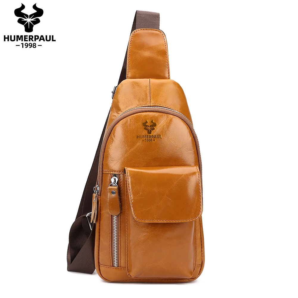 

HUMERPAUL Trendy Cowhide Chest Bag Large Capacity Travel Outdoor Messenger Crossbody Sling Bolso Hombre Casual Male Satchel
