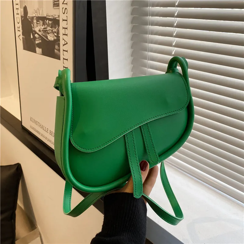 

New Fashion Saddle Women Bag One Shoulder Bags Blue Green Casual Hasp PU Handbags Women Bags for 2022 Designer Bag