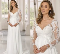 2022 pregnant wedding dress chiffon v neck bridal gowns empire long sleeve floor length lace appliques vestidos robe de mairee