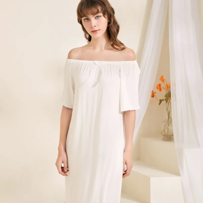 

Womens Nightgown Slash Neck Elastic Cotton Loose Home Dressing Gown Sleepdress Nightdress Comfy White Nighty Nightwear Plus Size