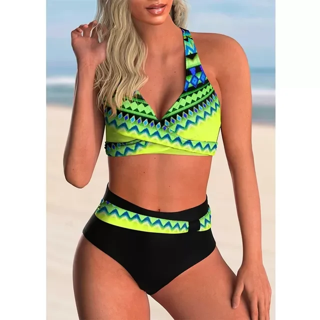 New in High Waist Swimsuit 2022 Colorful Print Push-Up Two Pieces Bikini Set Bathing Suit Plus Size Beach Swimming Suit Swimwear