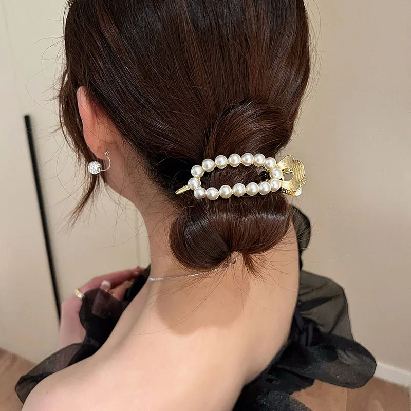 

Глянцевая женская заколка для волос с высоким конским хвостом и жемчугом, заколка для волос из сплава, повседневная Темпераментная Женская ...