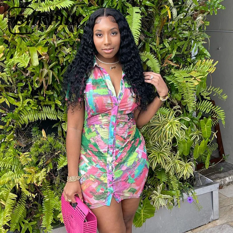 

BIIKPIIK многоцветное платье-рубашка с цветочным принтом женские винтажные однобортные облегающие платья с коротким рукавом для женщин элеган...