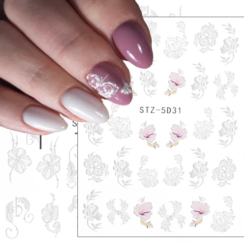 

5D Flowers Nail Embossed Stickers White Wedding Flowers Design Adhesive Sliders Summer Textured Engraved Nails At Decoration