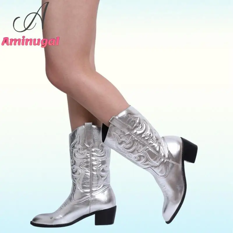

Brand New Western Boots Shiny Metallic Retro Cowboy Sewing Floral Mid-calf Boots For Women 2023 Embroidery Fashion Shoes