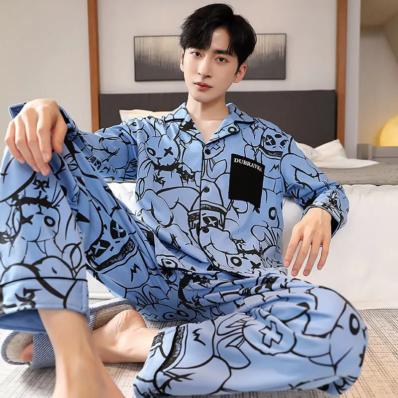 Men's pajamas Men's pure cotton spring and autumn summer long sleeves can be worn outside the home suit All cotton thin style