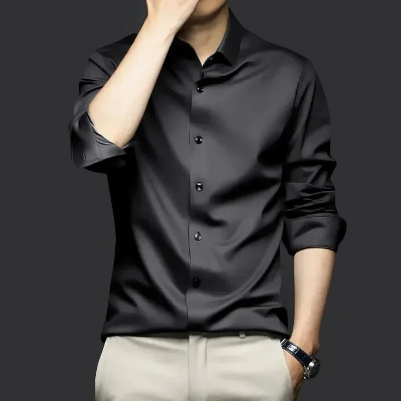 

Деловая Мужская рубашка без железа, однотонная Корейская версия, облегающая, глянцевая, дышащая, эластичная рубашка с длинным рукавом, для мужчин