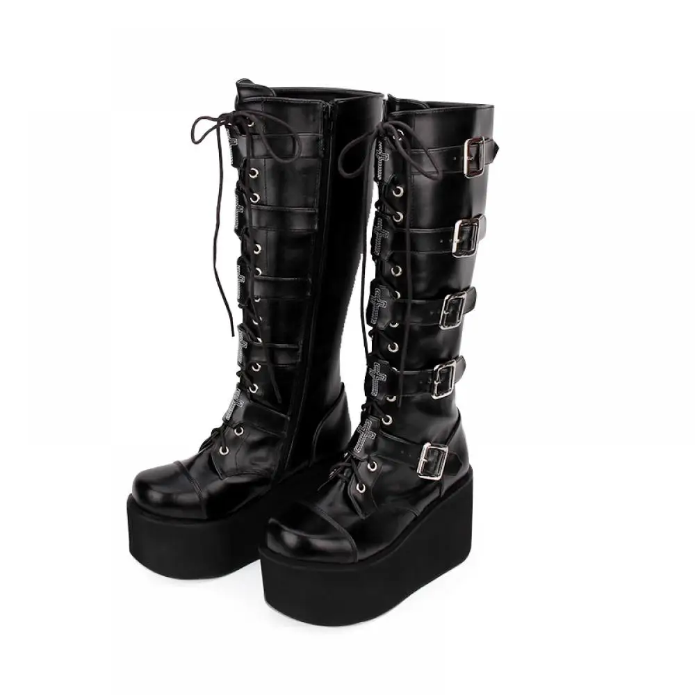 

Women Motorcycle Punk Boots Lady Lolita Boots Woman High Heels Pumps Wedges Platform Spring Cowhide Booties Fashion Female