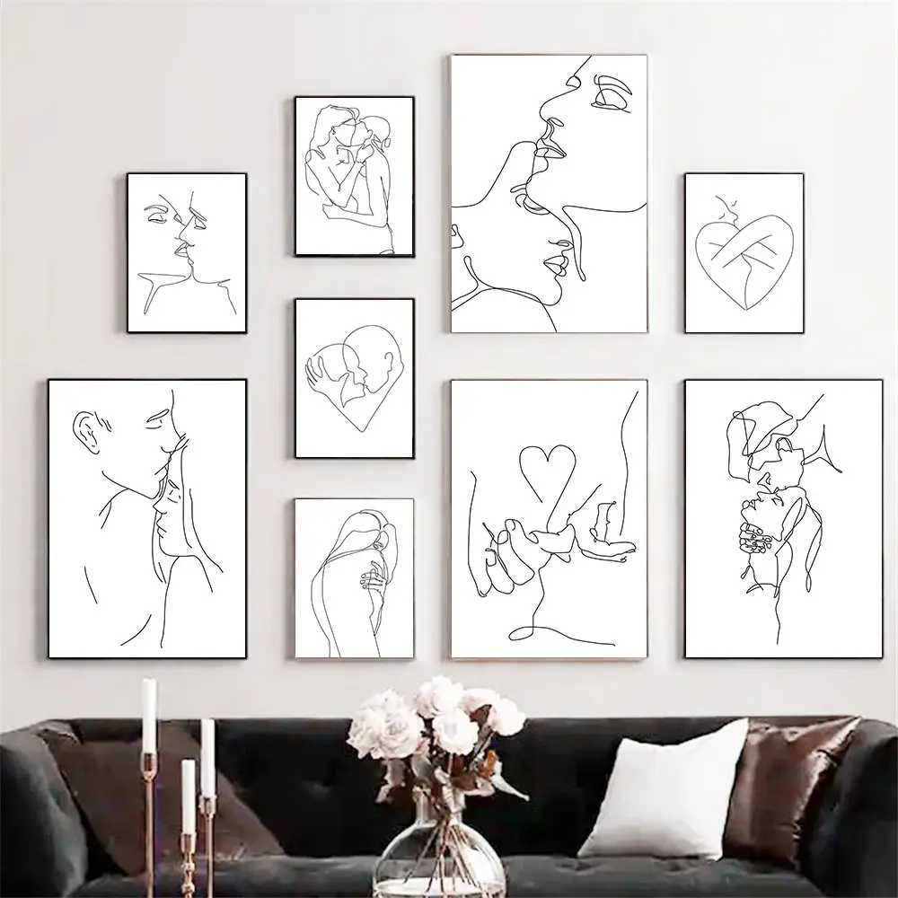 

Black And White Line Drawing Couple Kiss PaintingCanvas Prints Heart Art Hand In Hand Poster Minimalist Pictures Home Decor