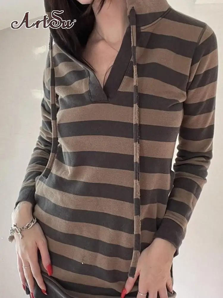 

Artsu женское короткое платье с капюшоном повседневное винтажное Полосатое осеннее мини-платье с длинным рукавом консервативный гранж зимни...