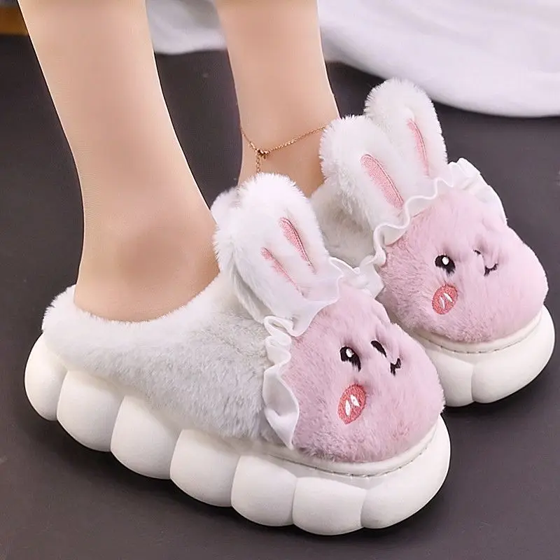 

Симпатичные корейские женские кроличьи уши, новые женские белые туфли на платформе, меховые мюли для дома, женские тапочки, Симпатичные дом...
