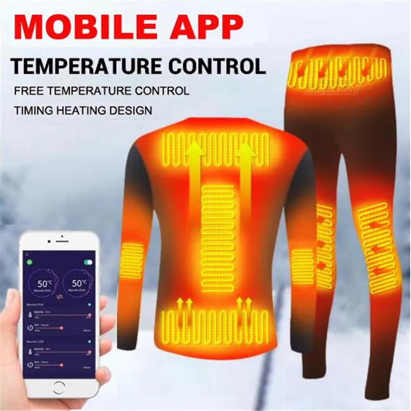 

Winter Heated Underwear Suit Smart Phone APP Control Temperature USB Battery Powered Fleece Thermal Motorcycle Jacket Moto Men