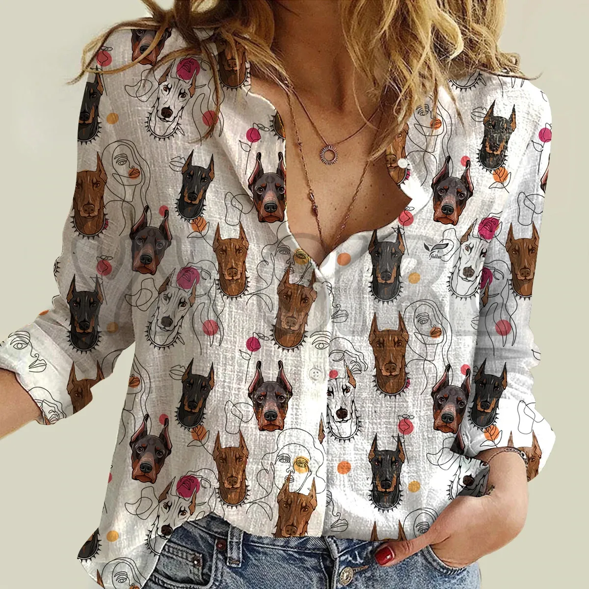 YX GIRL Lady And Doberman Pinscher  Women's Long-Sleeve Shirt 3D Printed Button-down Shirt Casual Unique Streewear