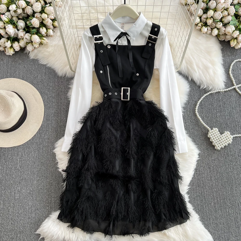 

Clothland Women Vintage Black Dress Suit White Basic Long Sleeve Shirt Tassel Suspender Mini Belt Dresses Two Piece Set QC817