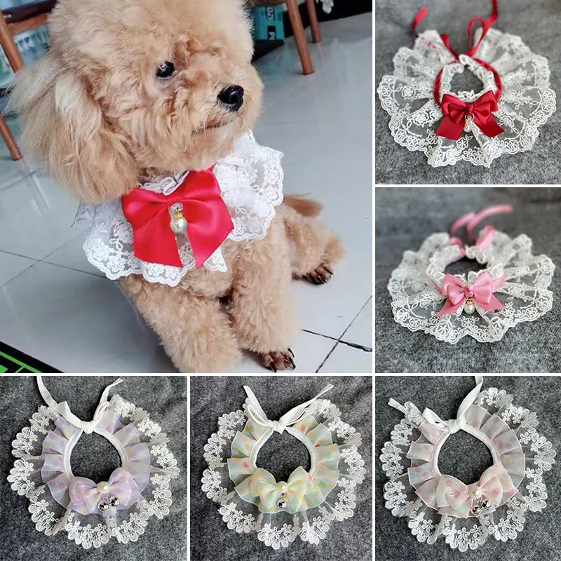 

Cute Lace Bowknot Pet Collar with Pearl Bell Pendant Cat Dog Neckerchief Kittens and Puppies Bib Pet Cats Dogs Collars Supplies
