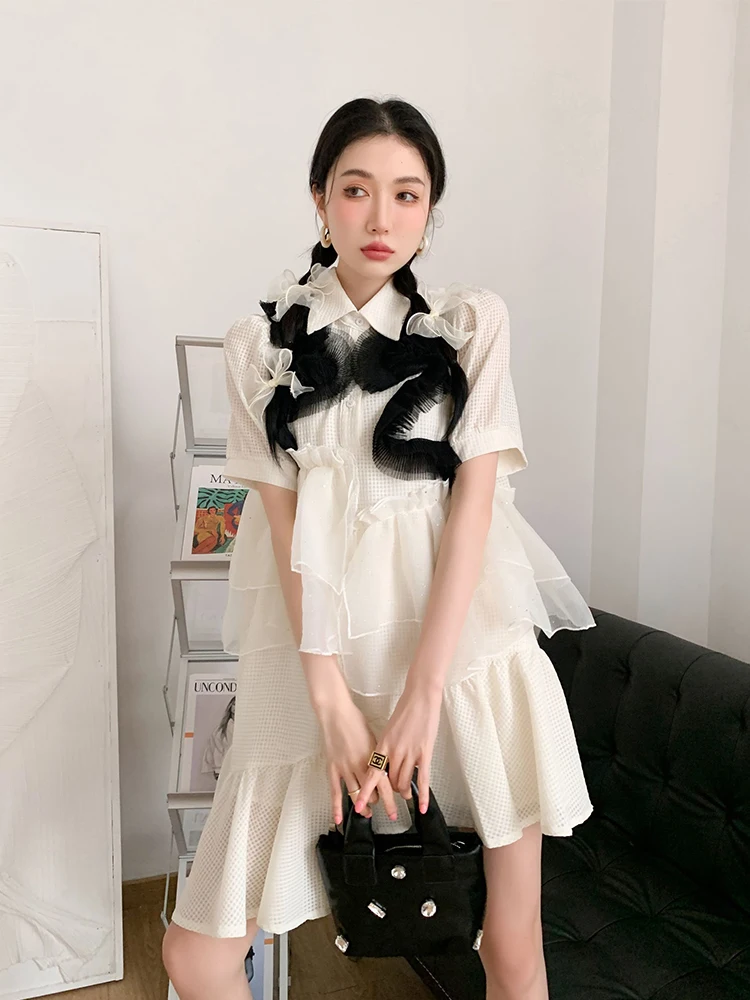 

ZCSMLL Ruffles Mesh Summer Shirt Dress Women 2022 Puff Sleeve White Short Sleeve Collar Mini Asymmetrical Dress Korean Fashion