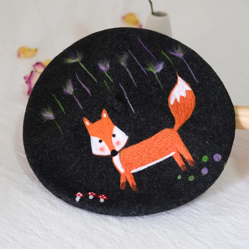 QIUNEEY Women's Playful Fox Woolen Beret Real Wool Painter Original Handmade Felt Hat Girl Friend's Birthday Creative Present