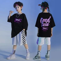 kid hip hop clothing black graphic tee oversized t shirt white checkered summer shorts for girl boy dance costume clothes set