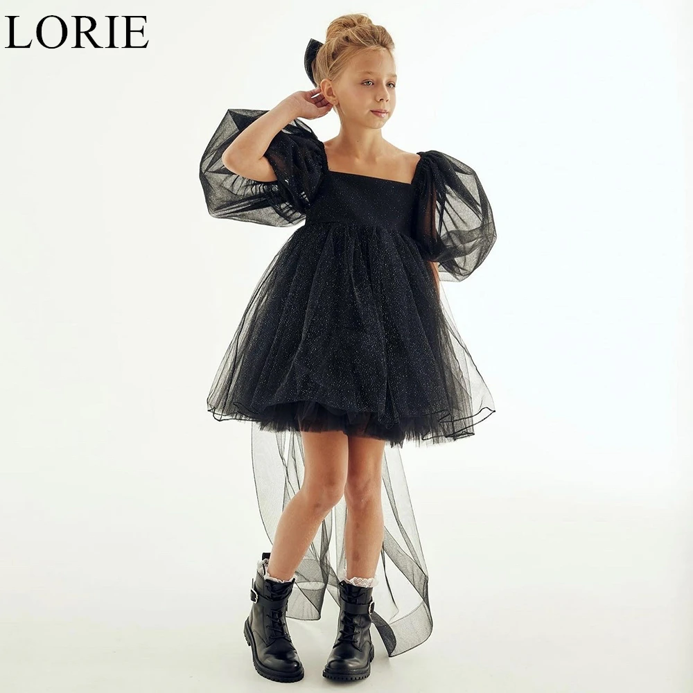 Фото LORIE милое блестящее черное платье с цветочным узором для девочек с квадратным вырезом, плиссированное трапециевидное платье с лентой и пышными рукавами, 2025 блестящее платье на день рождения по индивидуальному заказу №1