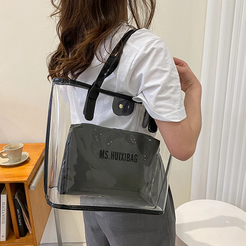 

2 Pcs/Set Transparent Women's Handbag Fashion PVC Transparent Waterproof Shoulder Bag Casual Beach Bag Women's Crossbody Bag