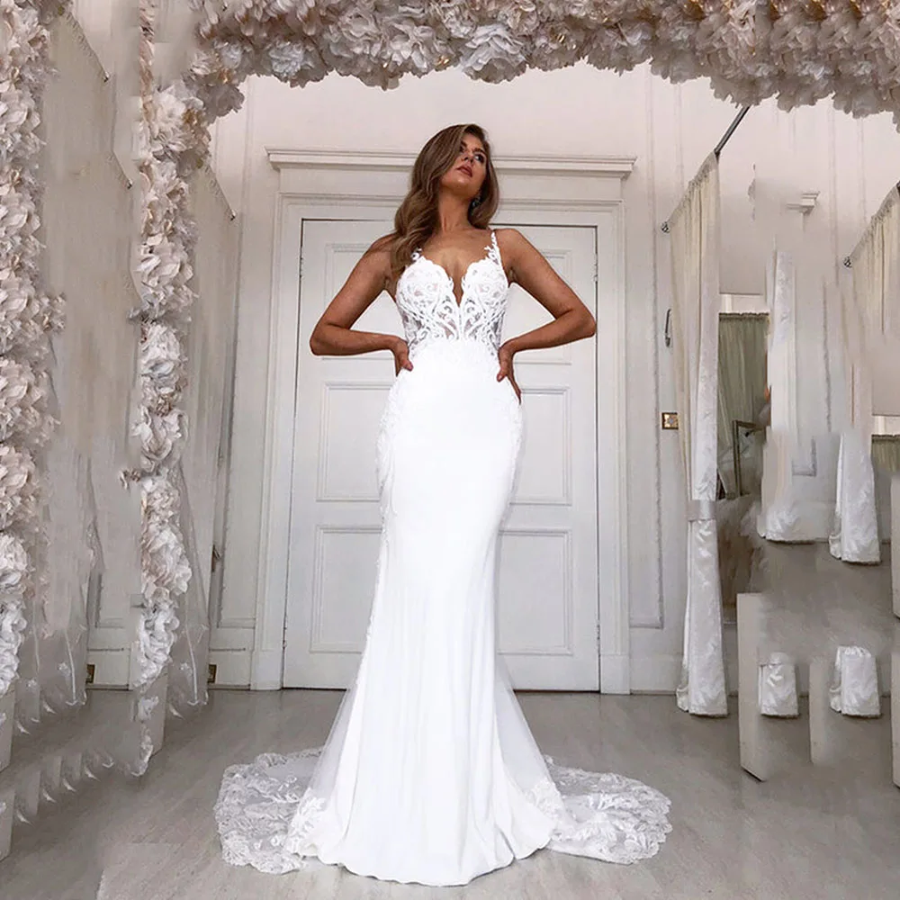 

Msikoods Lace Mermaid Boho Wedding Dress 2023 Spaghetti Straps Appliques V-Neck Illusion Elegant Bridal Gown Long Train