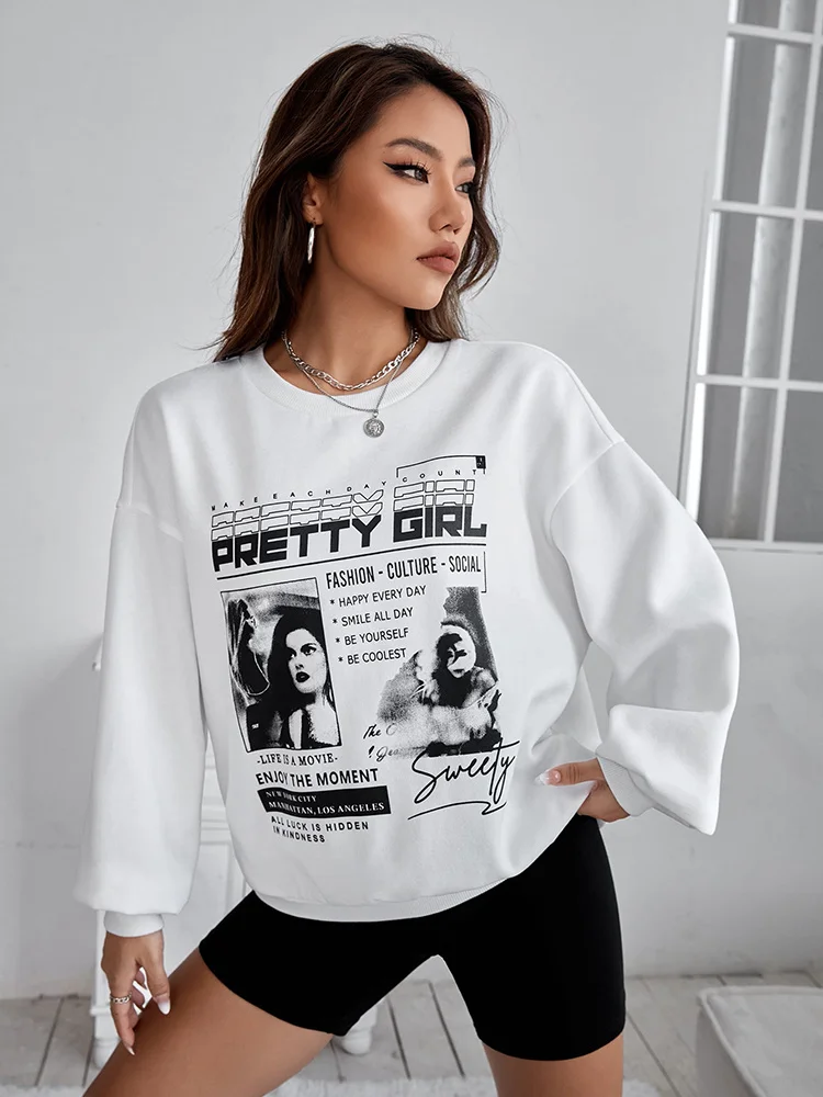 

Женская толстовка с длинным рукавом, круглым вырезом и принтом