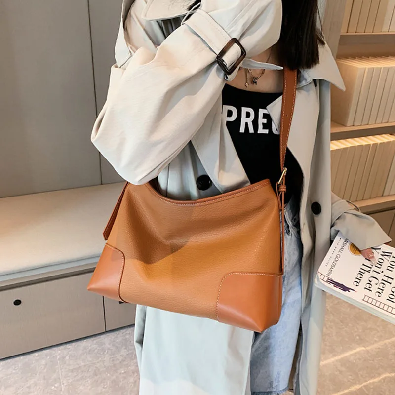 Retro PU Splice Contrast Tote Handbags Women's Fashion Shoulder Bags Large Capacity Versatile Satchel Travel Commute Storage Bag