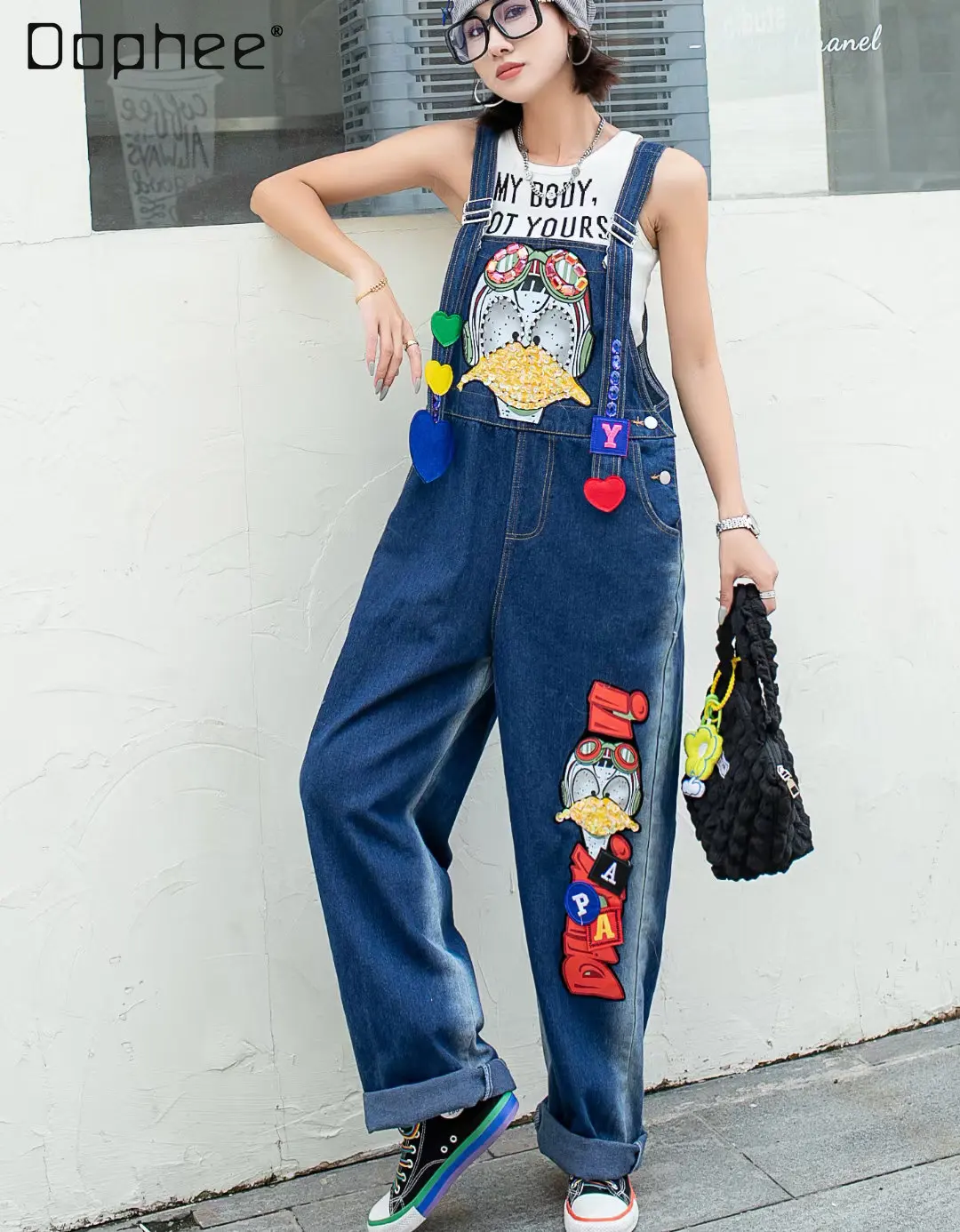 Fashion Brand Cartoon Duck Denim Suspender Pants for Women 2022 Spring and Autumn New Loose Beaded Jumpsuit Wide Leg Jeans