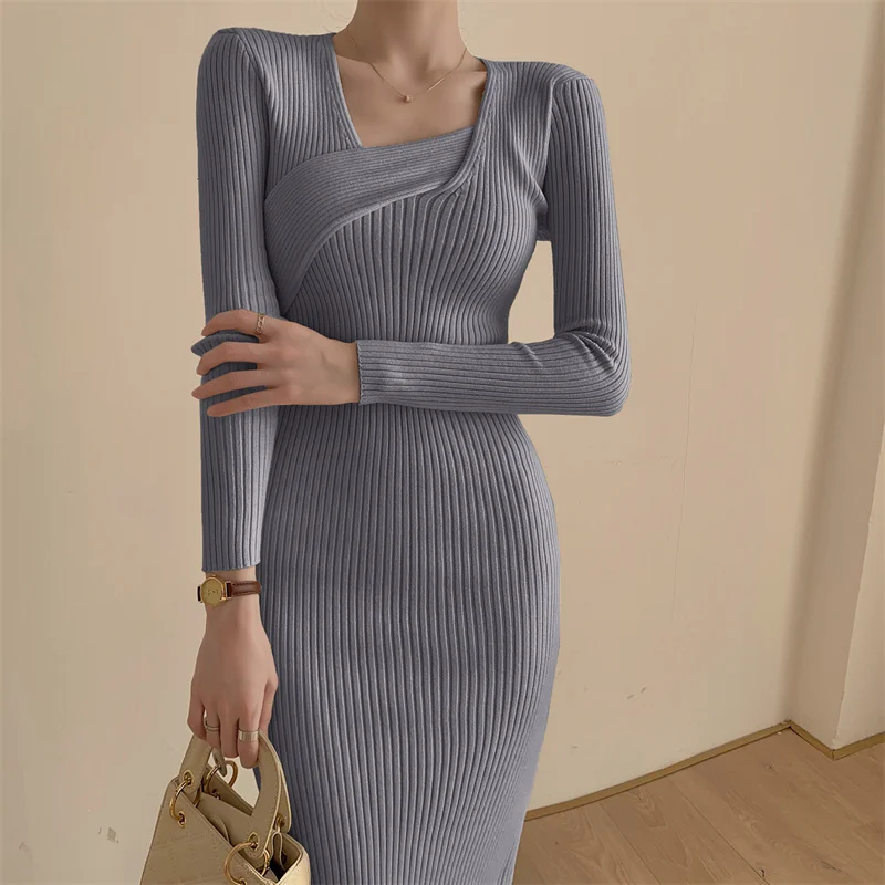 

Casual Long Sleeve Knitwear New Fashion Sweater Dress Women Korean Winter Slim Sweater Long Dresses Party Robe Clothing 24232