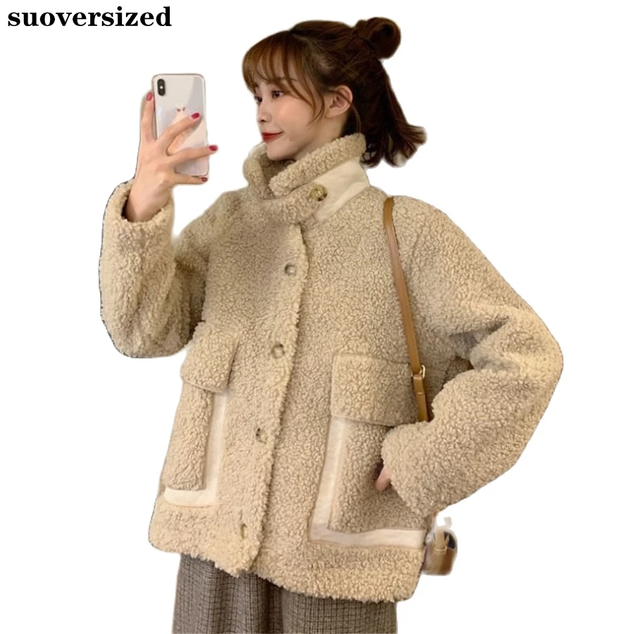 

Winter Thicken Warm Women Lamb Wool Fur Coat Plush Spliced Jacket Korean Steerwear Outwear Casual Fleece Overcoat Casaco Teddy