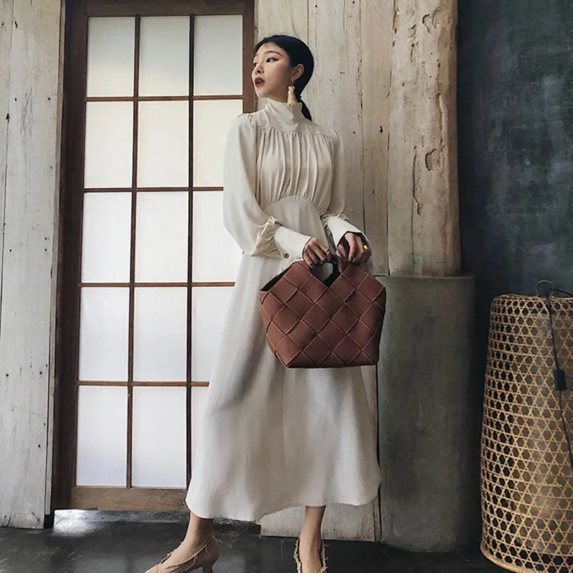 

2022Women Clothing White Elegant DressWomen autumn Turtlneck Vintage Retro Dress Female Casual Korean One-piece Dress Fall