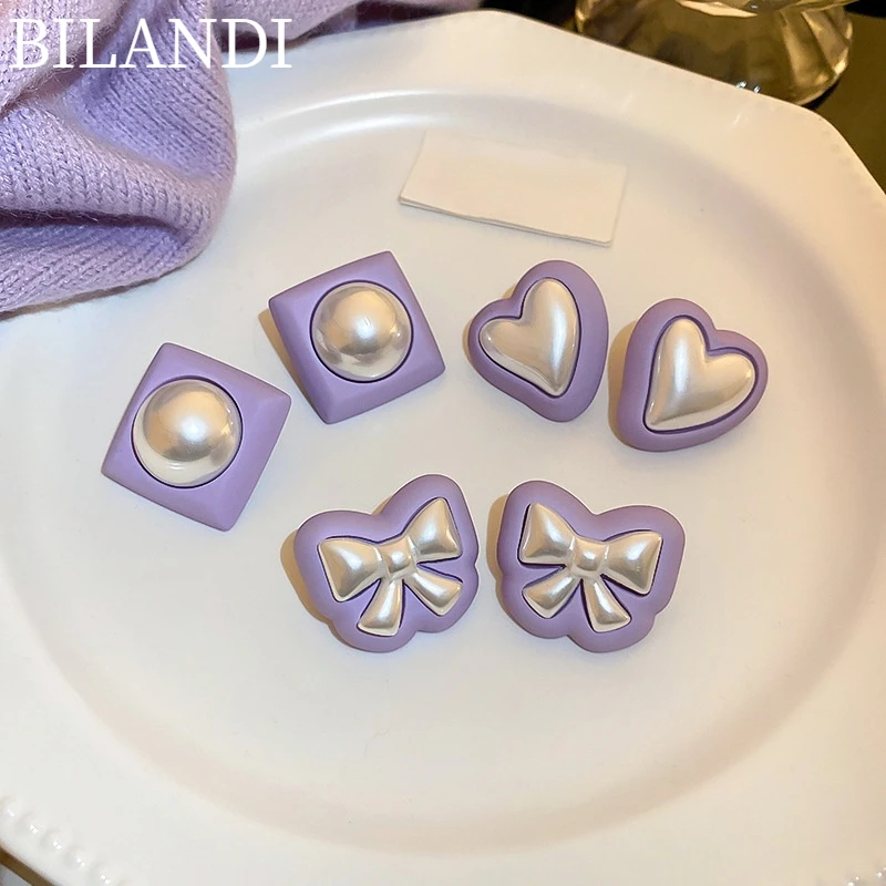 

Bilandi925 Silver Needle Sweet Jewelry Heart Bow Pearl Earring Popular Design Temperament Purple Women Earrings For Girl Gift