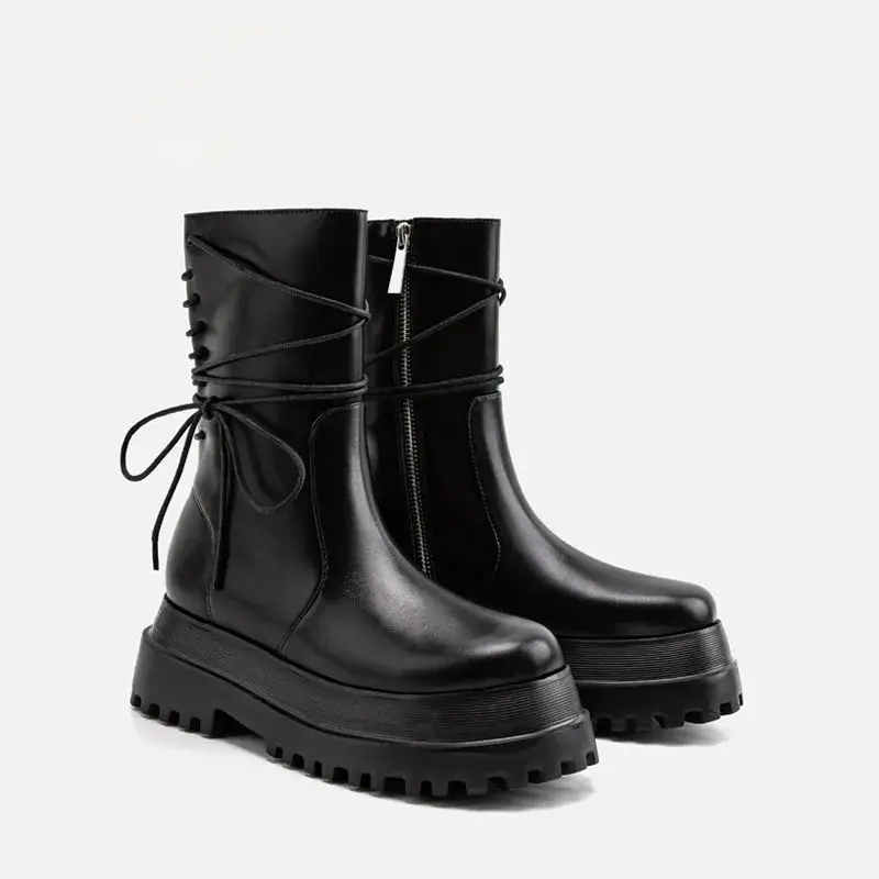 

Autumn Winter New Women's Shoes Solid Color PU Thick Bottom Side Zipper Laces Fashion Trend Street Cool Martin Boots Punk Shoes
