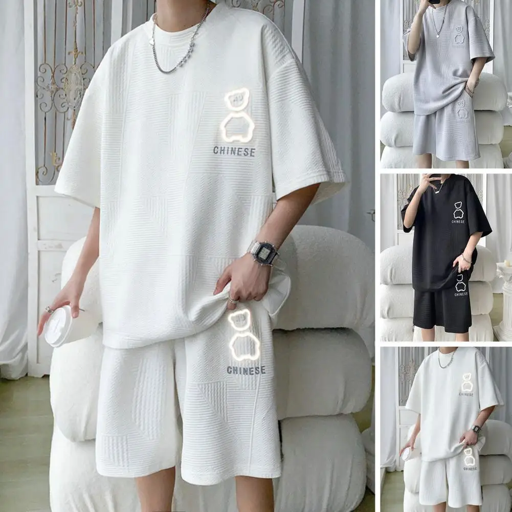 Men T-shirt Loose-fitting Solid Color Casual Men Shirt Shorts Set Summer Clothing Friendly to Skin Men Shorts for Female