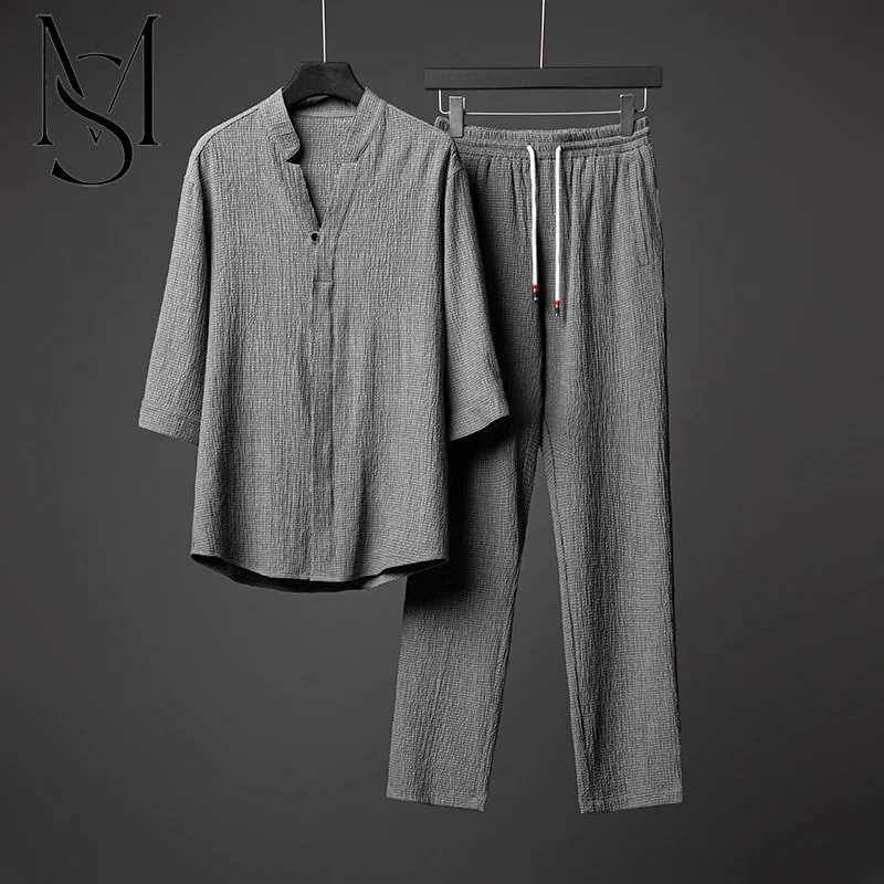 

Chinese style men's summer thin ice silk linen suit men's short-sleeved t-shirt large cotton linen three-quarter sleeve