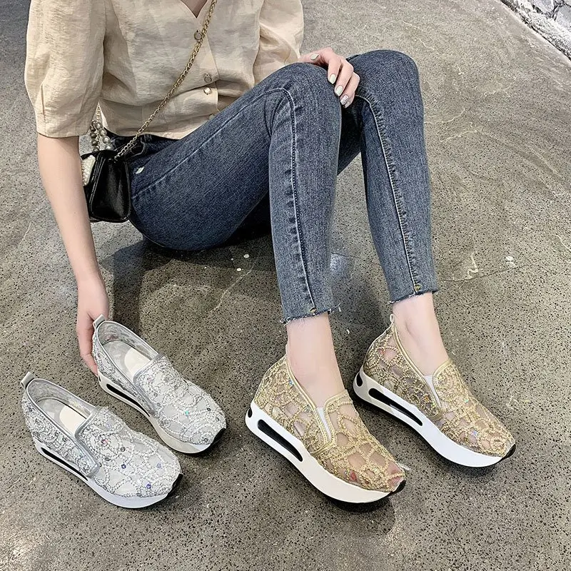 

Female Wedge Shoes Sequin Mesh Breathable Shoes Women Gold Silver Platform Sneakers Women Height Increasing Wedges Shoes Casual