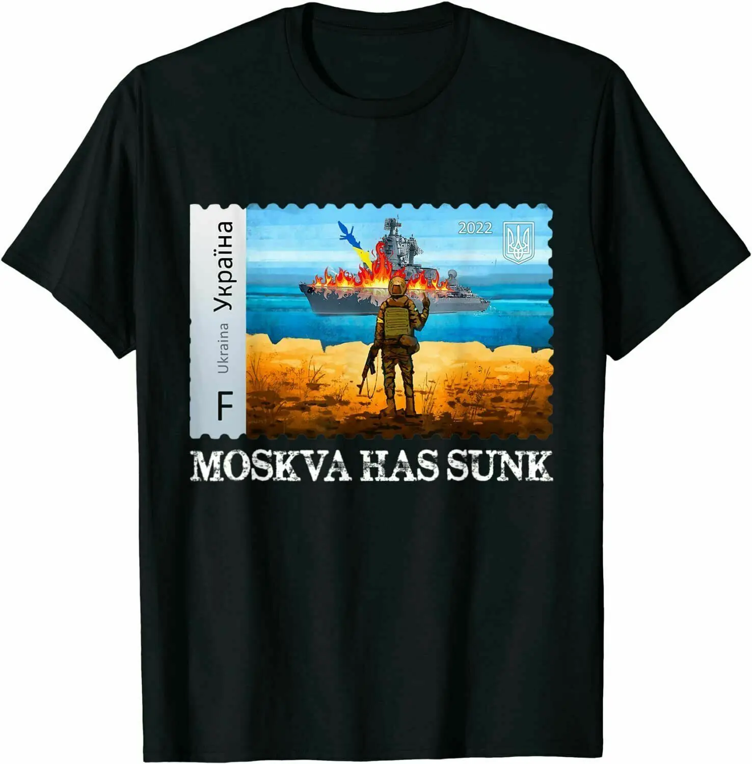 

2022 Ukraine Postage Stamp Flag Pride Retro Sunken Warship T Shirt. 100% Cotton Short Sleeve O-Neck Casual T-shirts Size S-3XL