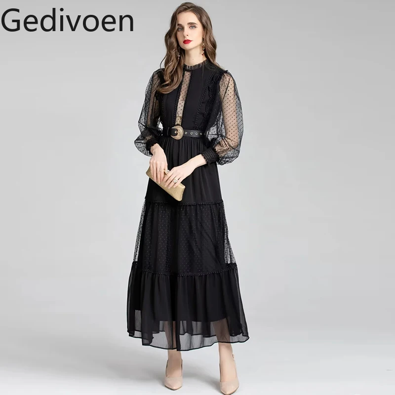 

Gedivoen Fashion Designer dress Summer Women Dress Mesh Polka dot Long sleeve Lace Sashes Balck Party Long Dresses