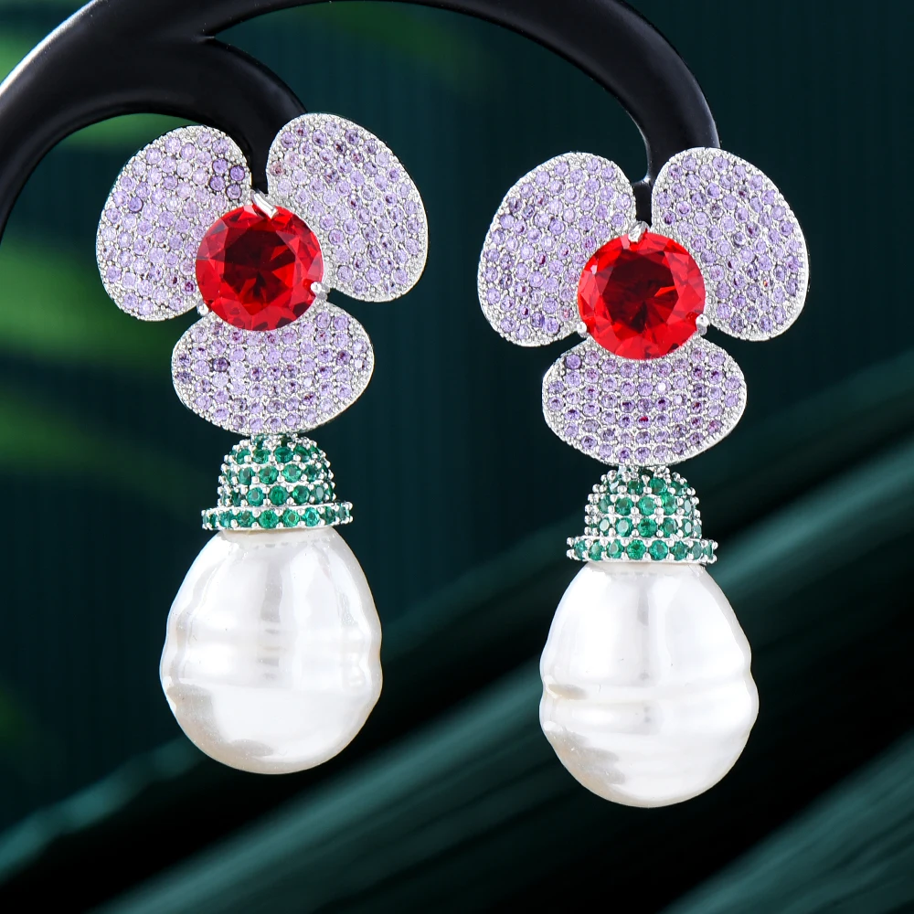 

Missvikki Long Bicolor flower Earrings For Women Wedding Party Dubai Bridal Jewelry boucle d'oreille femme Gift Jewelry 76MM