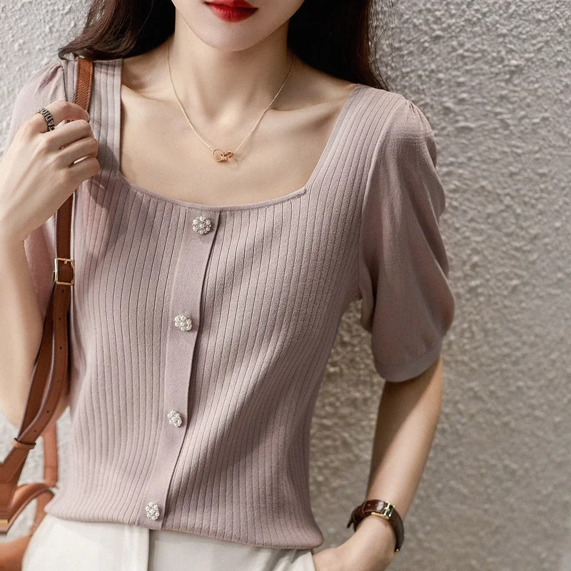 

Summer Fashion Korean Style T Shirt Women Temperament Square Collar Ice Silk Knit Casual Thin Short Sleeve T-Shirt Tee Tops E03