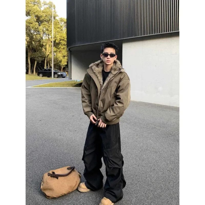 Мужская куртка-бомбер с меховым воротником в стиле ретро толстая теплая флисовая