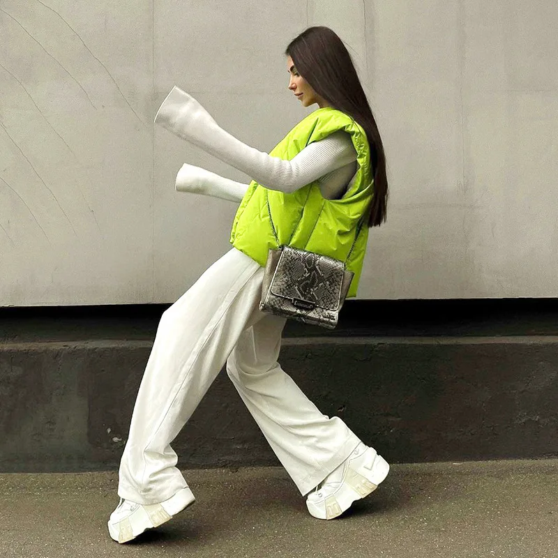 Ardm Casual V-Neck Silver Green Cotton Vest Winter Coat Women 2022 Streetwear Sleeveless Warm Parkas Quilted Jacket Tops