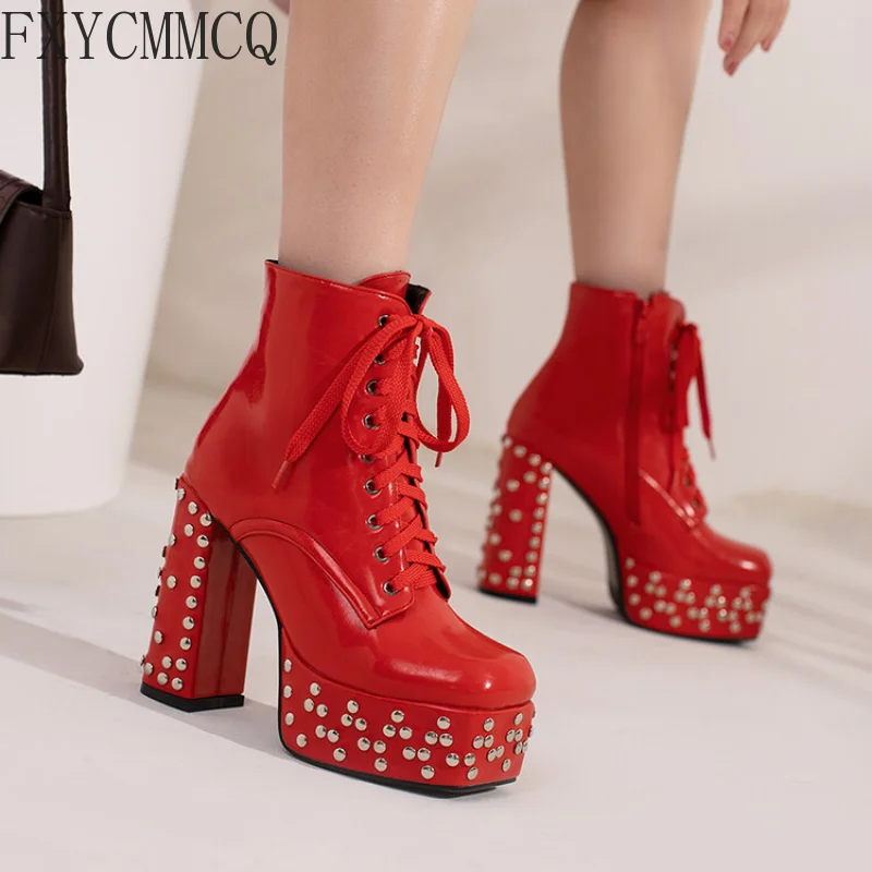 

FXYCMMCQ 2022 New Fashion Rivet Square Head High-heeled Women's Boots Bar Runway Sexy Martin Boots 022-15