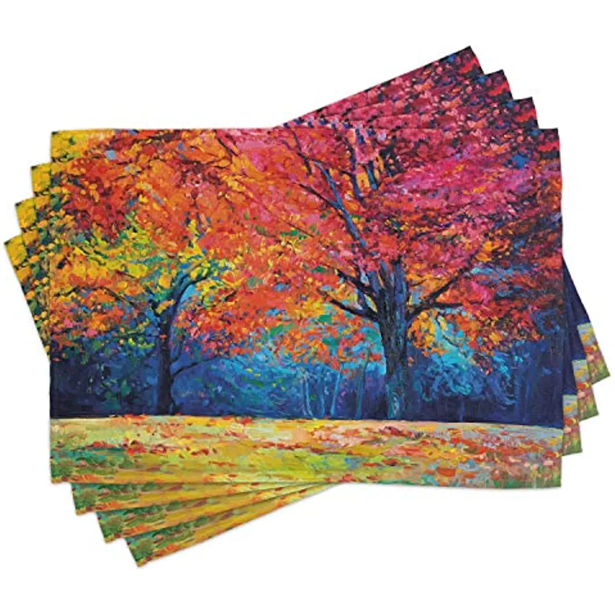 

Colorful Trees and Falling Autumn Leaves Seasonal Art Picture, Washable Fabric Placemats for Dining Room Kitchen Table Decor
