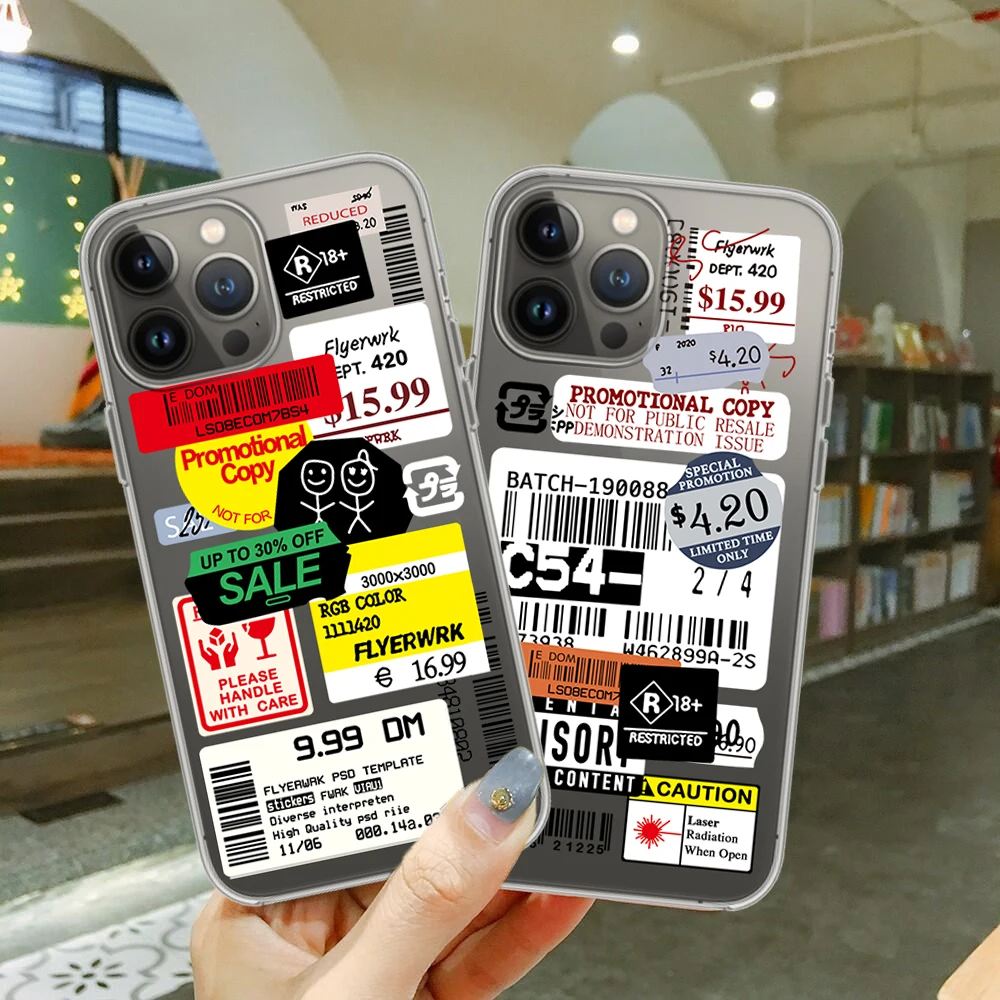 

Cool Cute Color Transparent Stamp Label Barcode Case For iPhone 13 12 7 8 Plus 11 Pro MAX X XS Street Fashion Soft Phone Cover