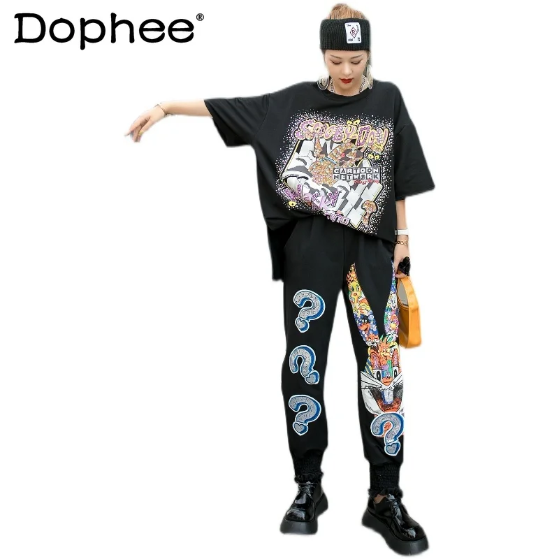 

European Style Fashion Cartoon Tee Beaded Short Sleeve T-shirt Female Loose Elegant Harem Pants Two Piece Set 2022 Summer Suit