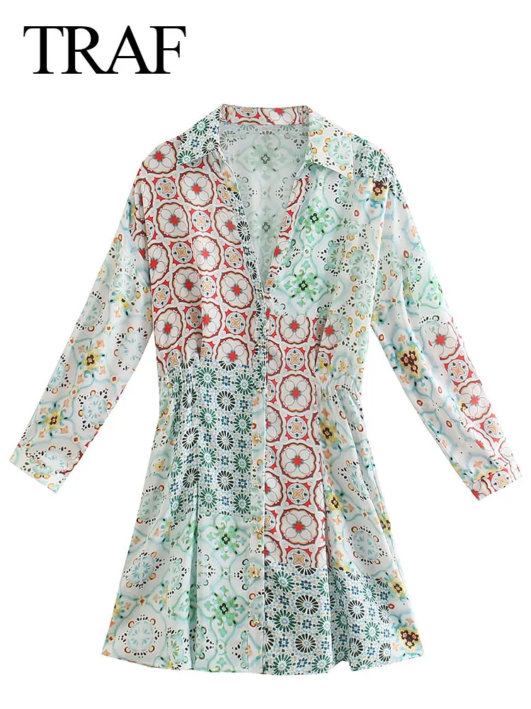 

TRAF Women 2022 Fashion Printed Shirts Long Sleeve Dress Lapel Single Breasted Elegant Mini Floral Dress Splicing Contrast Slim