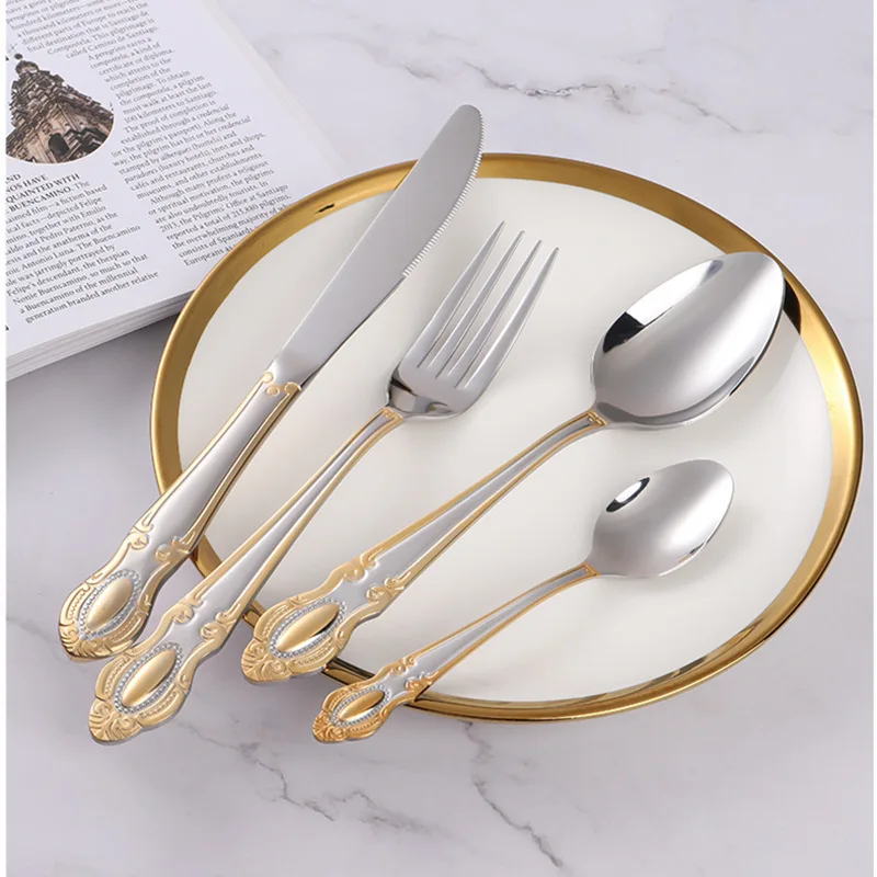 

Golden Cutlery Set,Luxury Retro Western Flatware Set,Dinner Serving for 6,Includes Spoons, Forks,Knifes,Dishwasher Safe
