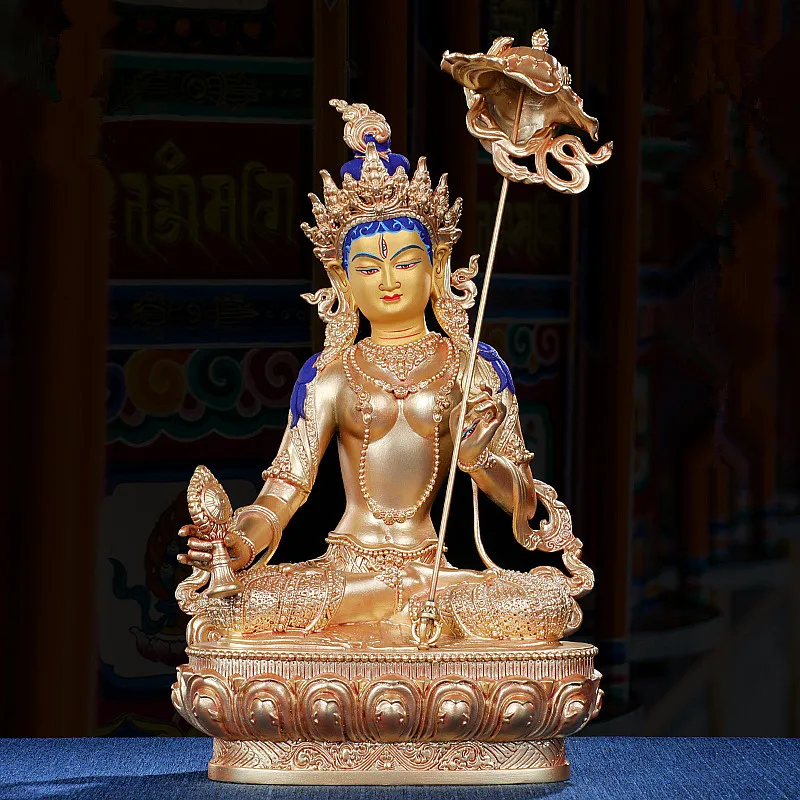 

23cm Gold Copper Usnisa-sitatapatra Guanyin Carving Buddhist Retro Carving Tranic Temple Decorate Bodhisattva Figurine