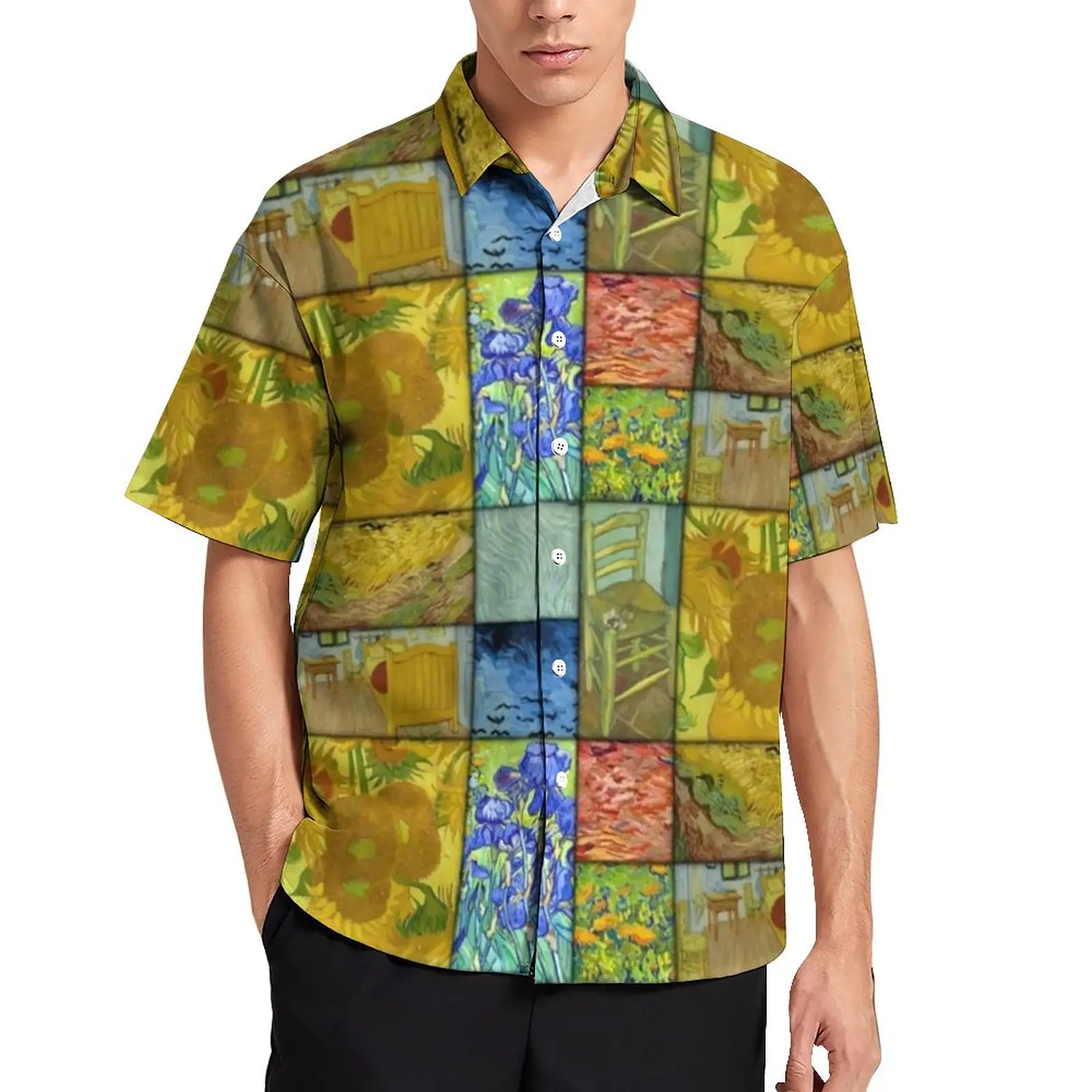 

Van Gogh Quilt Pattern Beach Shirt Sunflowers Irises Hawaii Casual Shirts Men Streetwear Blouses Short Sleeve Clothes Plus Size